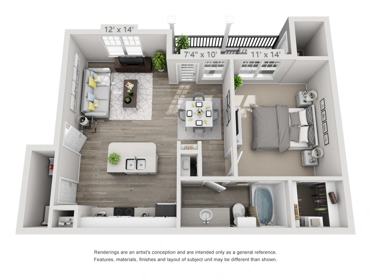 Floor plan for 1 bed, 1 bath, 773 sqft